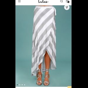 Grey and White Striped Wrap Maxi Skirt
